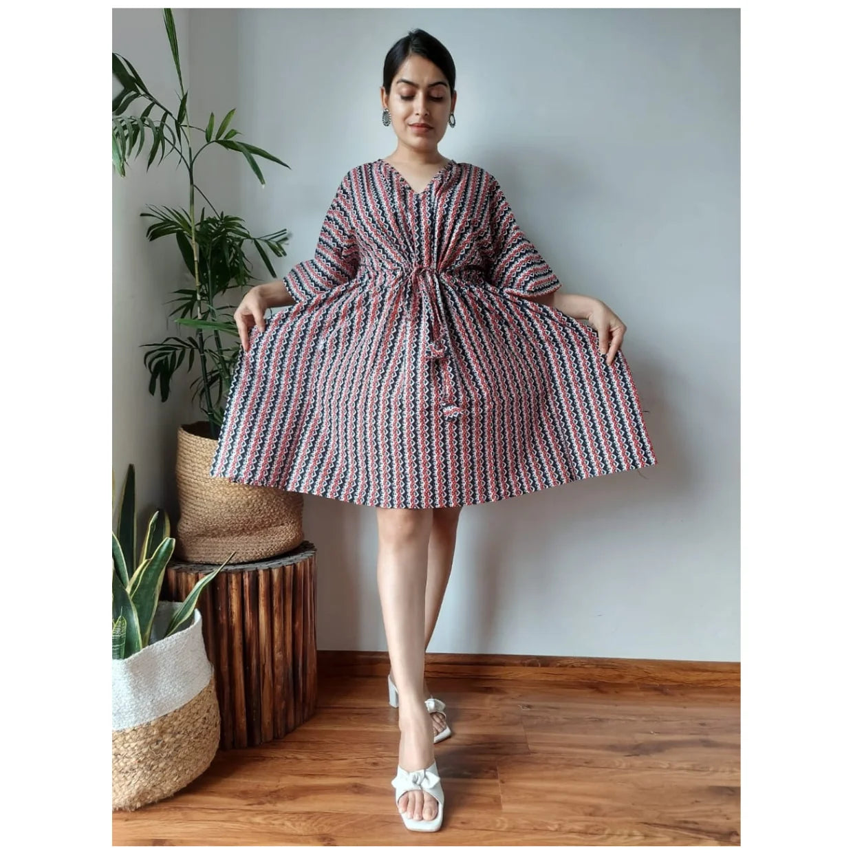Custom Made Bohemian Cotton Ethnic Print Short Kaftan V-Neck Summer Resort & Beach Outfit for Boutique Clients & Resellers