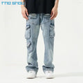 Custom Casual Fashion Men's Jeans Multi-pocket Men Distressed Loose Big Pocket Trousers Blue Straight-leg Denim Cargo Pants