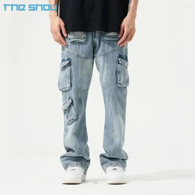 Custom Casual Fashion Men's Jeans Multi-pocket Men Distressed Loose Big Pocket Trousers Blue Straight-leg Denim Cargo Pants