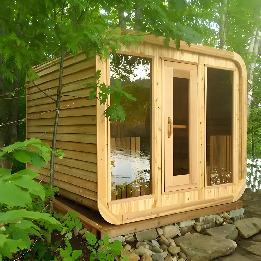 Backyard Wellness Sauna | Black-Trimmed Solid Wood Sauna with Glass Door Perfect for Outdoor Home Spa