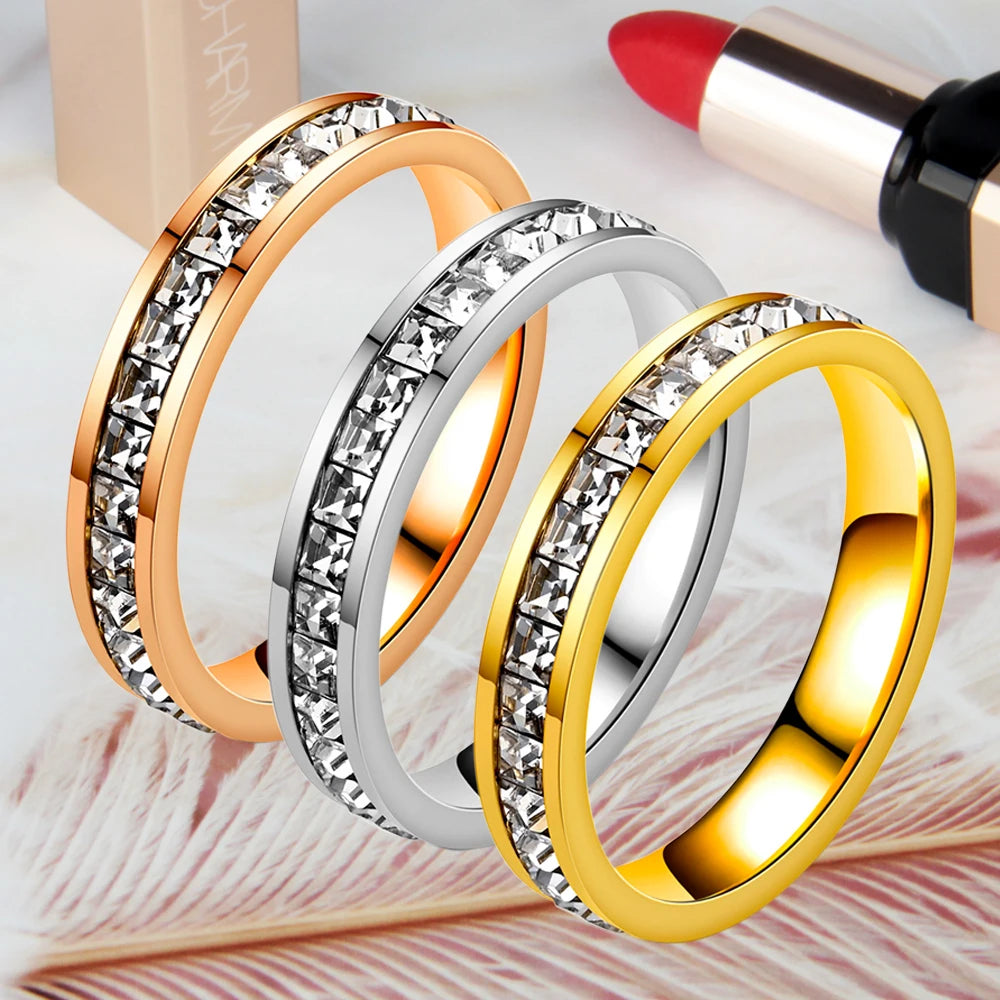 Square White Diamond Wedding Ring Women's Gold Plated Stainless Steel with Zircon Classic Style for Engagement Party or Gift