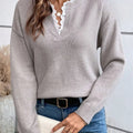 2025 Autumn Winter New Cross-Border EU/US Women's Knit Top - Fashion Lace Trim V-Neck Solid Loose Long Sleeve