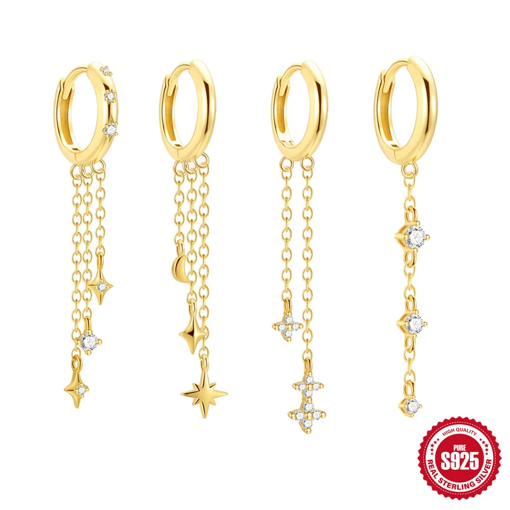 Boasta Fashion S925 Silver Star Moon CZ Tassel Hoop Earrings Long Chain Dangle Jewelry 18K Gold Plated for Women Girls