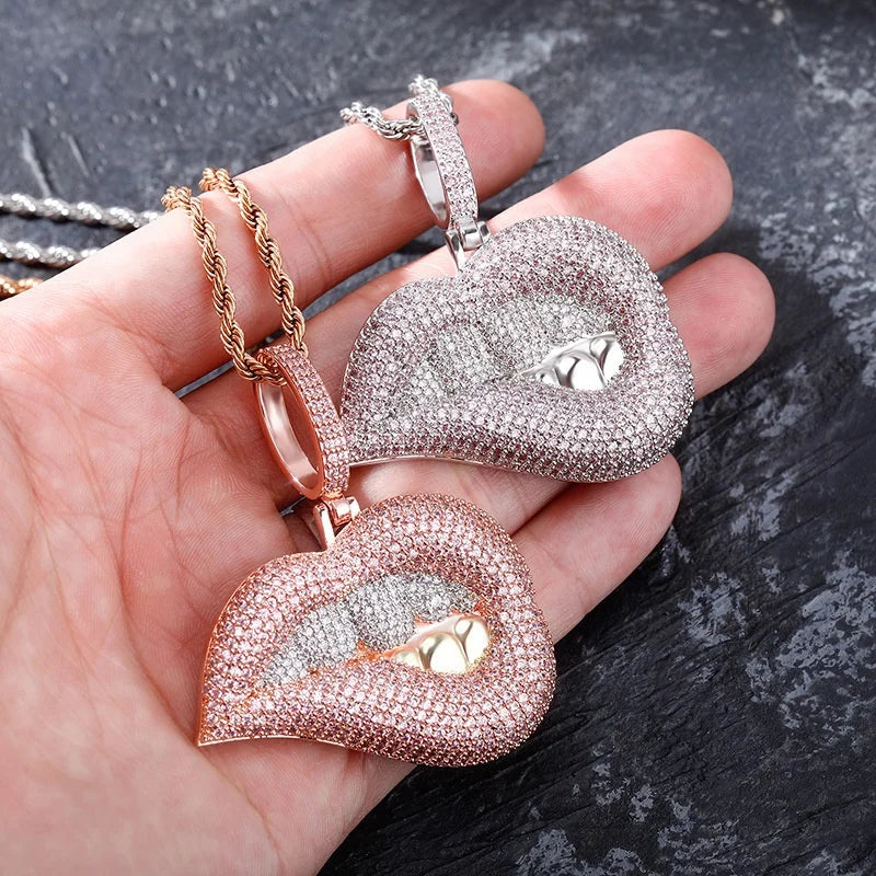 Trendy Luxury Iced Out Lip Pendant Necklace Rose Gold Plated with Cubic Zirconia Hip Hop Bling Charm Jewelry for Men Women Gifts