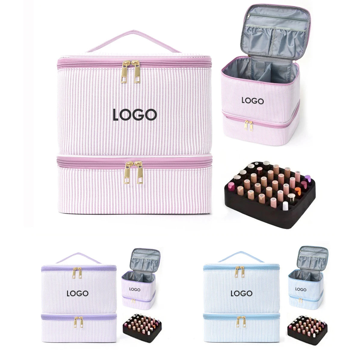 SW Trendy Stripped Double Layered Elevated Makeup Bag Travel Travel Storage Bag Portable Large Capacity Customize Cosmetic Bag
