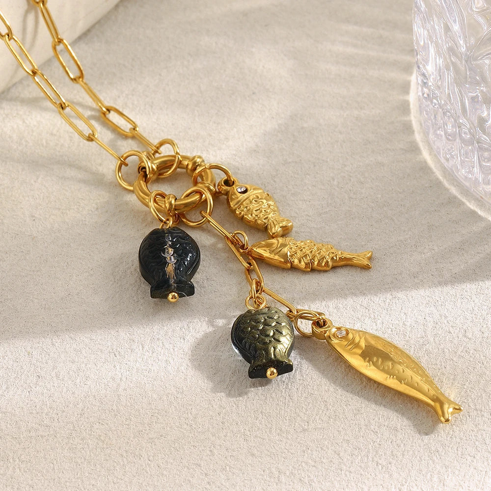 Dreamshow Tassel Necklace Fish Charm Necklace Paper Clip Chain Necklace Gold Plated Stainless Steel Jewelry