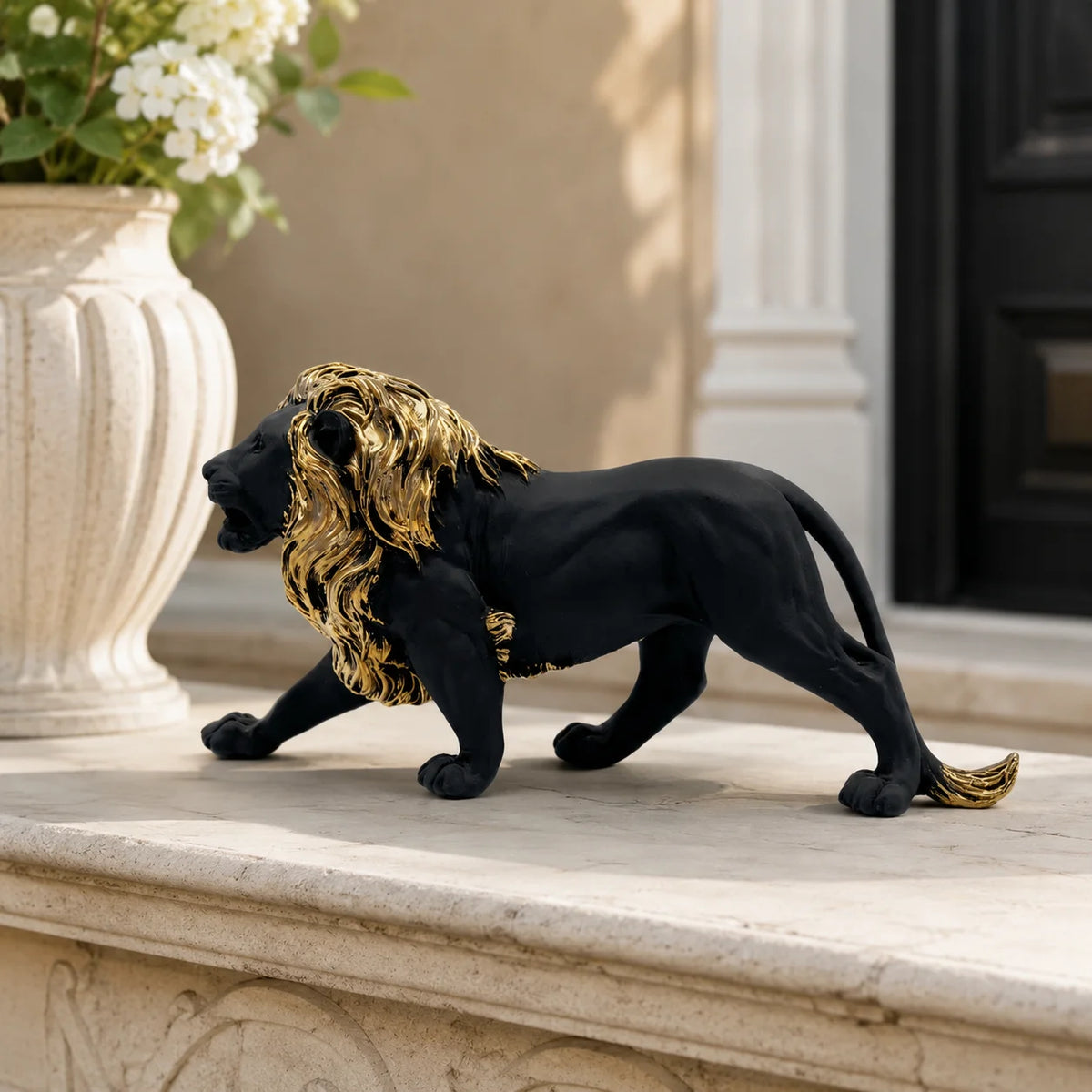 Matte Black Walking Male Lion Resin Figurine Luxury Modern Tabletop Office Desk Living Room Business Home Decor Ornament MegaBDM