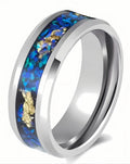 POYA 8mm Unisex Classic High Polish Tungsten Carbide Wedding Band with Blue Opal & Gold Leaf Inlay Men's Engagement Party Gift