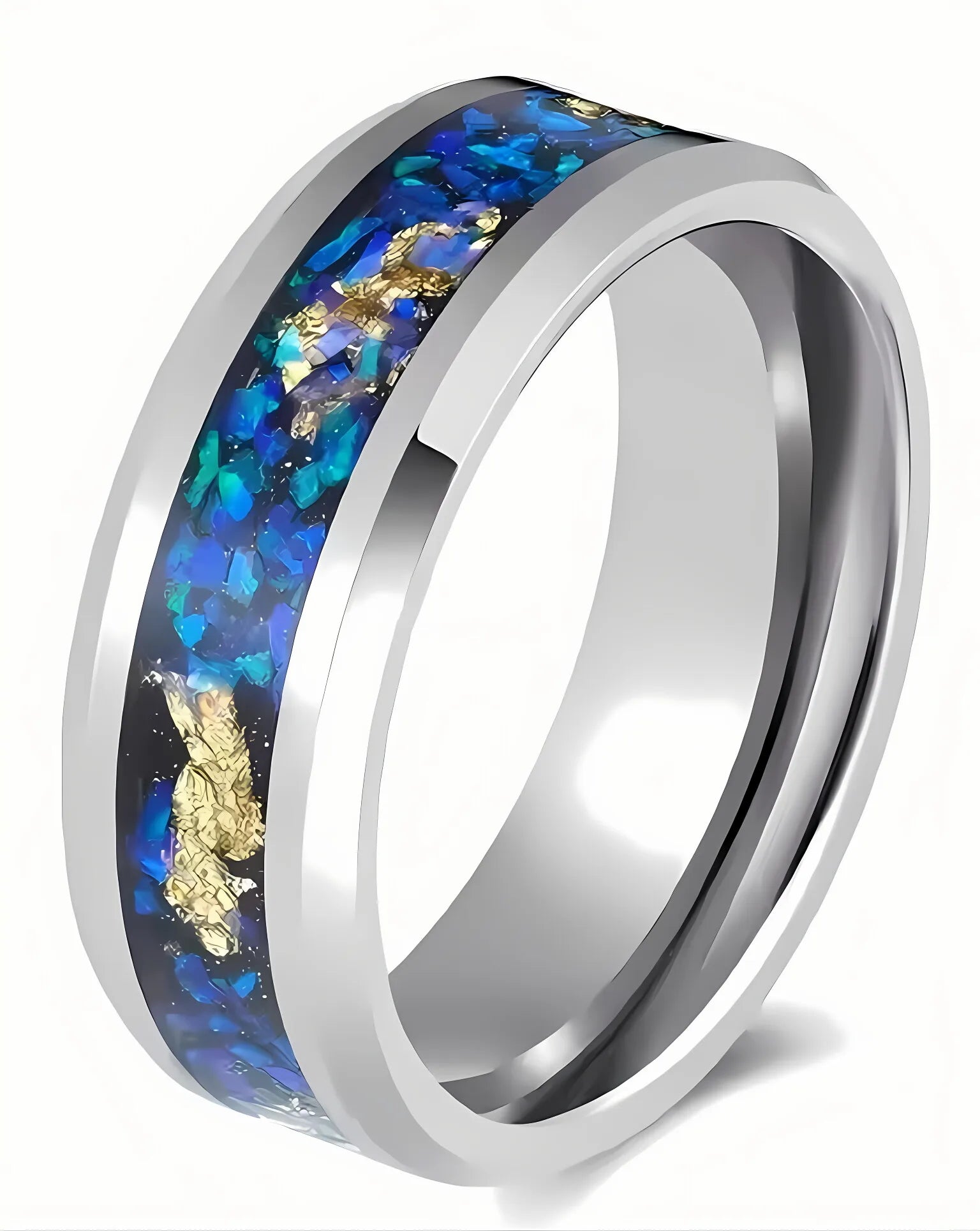POYA 8mm Unisex Classic High Polish Tungsten Carbide Wedding Band with Blue Opal & Gold Leaf Inlay Men's Engagement Party Gift