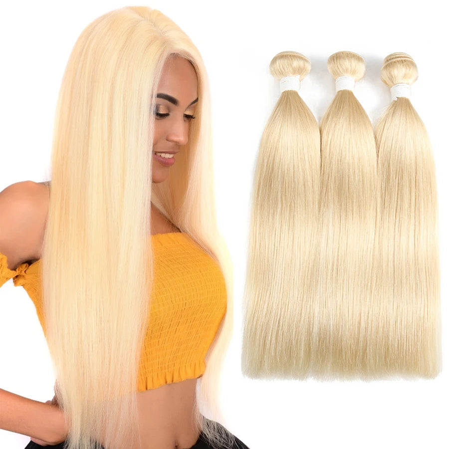613 Blonde Straight Silky Remy Human Hair Weaving Extension 100% Chinese Virgin 95G 1Bundle Super Double Drawn Ends Machine Perm
