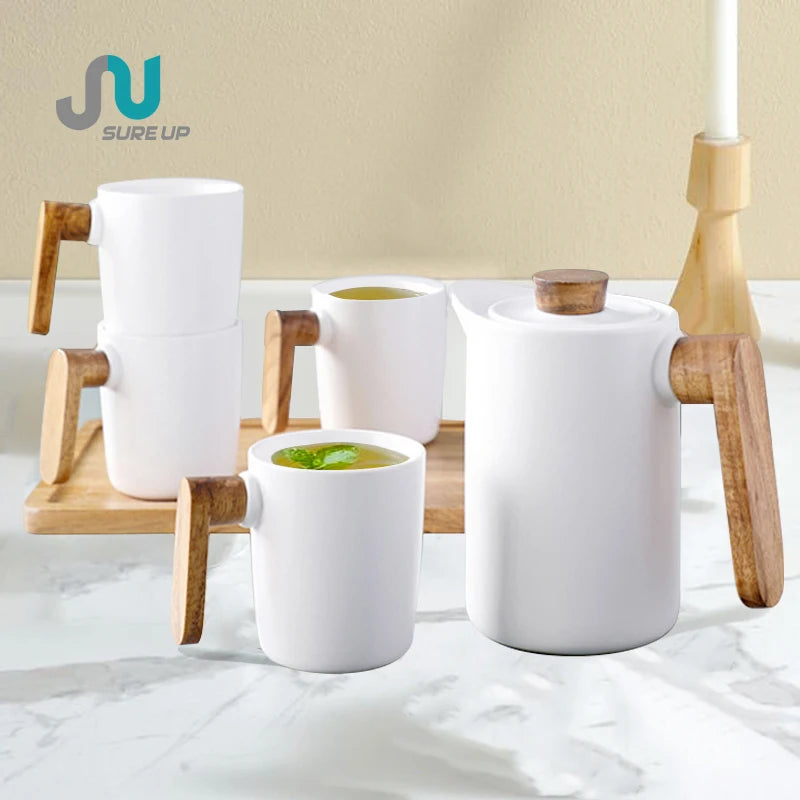 Nordic Classic Eco-Friendly Hotel Household 5PCS Porcelain Tea Cups Coffee Sets 200ml Wooden Tray Set Tea Parties Matcha Starter