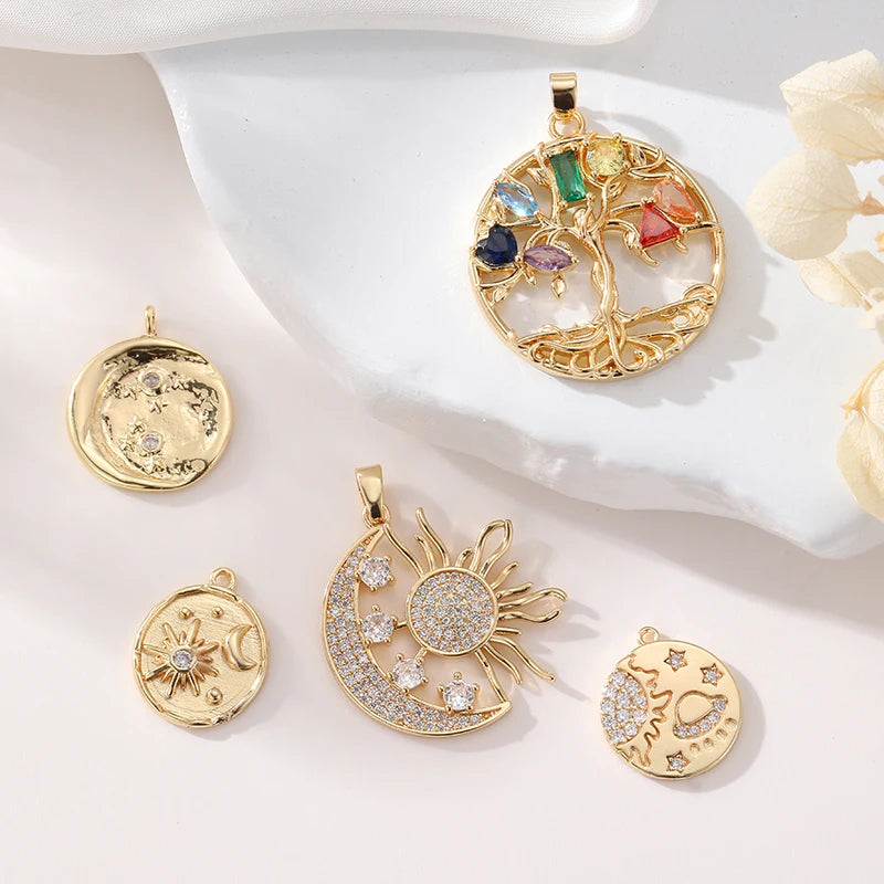 Brass 14K Gold Plated Space Series Star and Moon Colorful Zircon Tree of Life Pendant for DIY Necklace Jewelry Making Charms