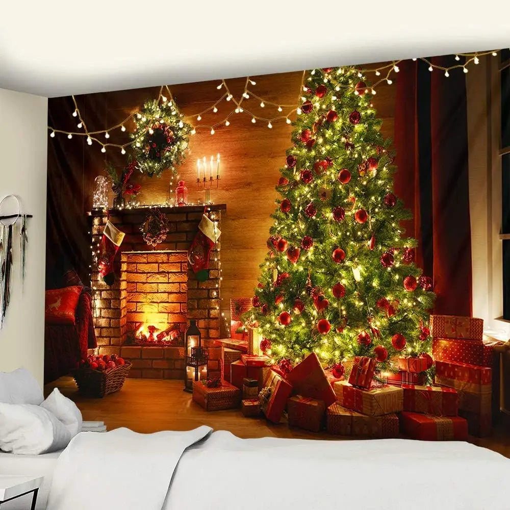 Nordic Christmas Tree Fireplace Tapestry Christmas Background Cloth Polyester Tapestry for Wall Hanging Home Decoration