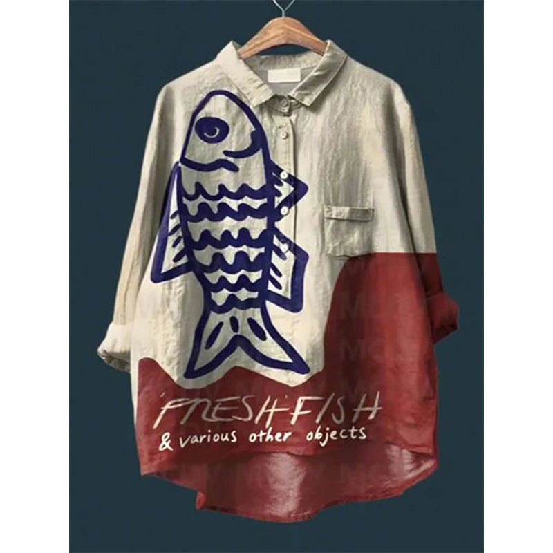 2025 Summer Elegant Office Ladies' New Loose Casual Printed Turnover Collar Long-sleeve Women's Blouse