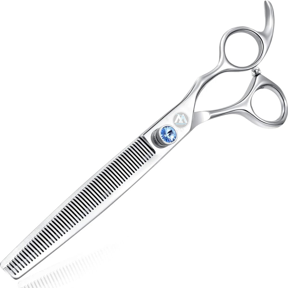 7.5\" 56-Tooth Blue Jewelled Grooming Scissors Kit Offset Handle Blending Trimming Texturizing Blades for Hair Extension Tools