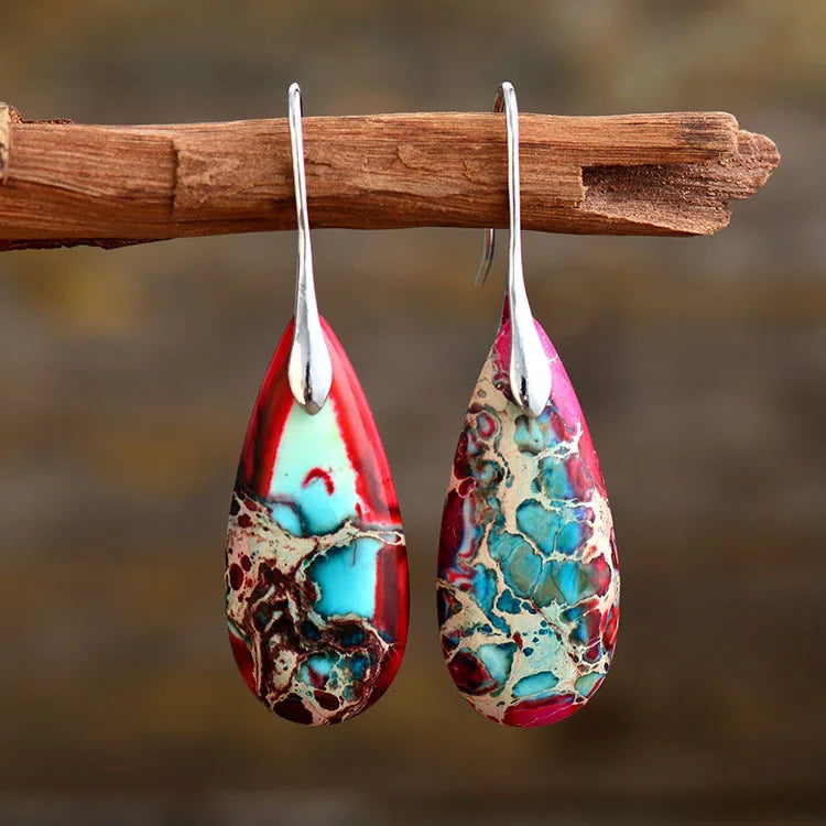 Fashion Classic Trend Women Natural Stone Gemstone Water Drop EarringsImperial Jasper Teardrop Earrings Jewelry