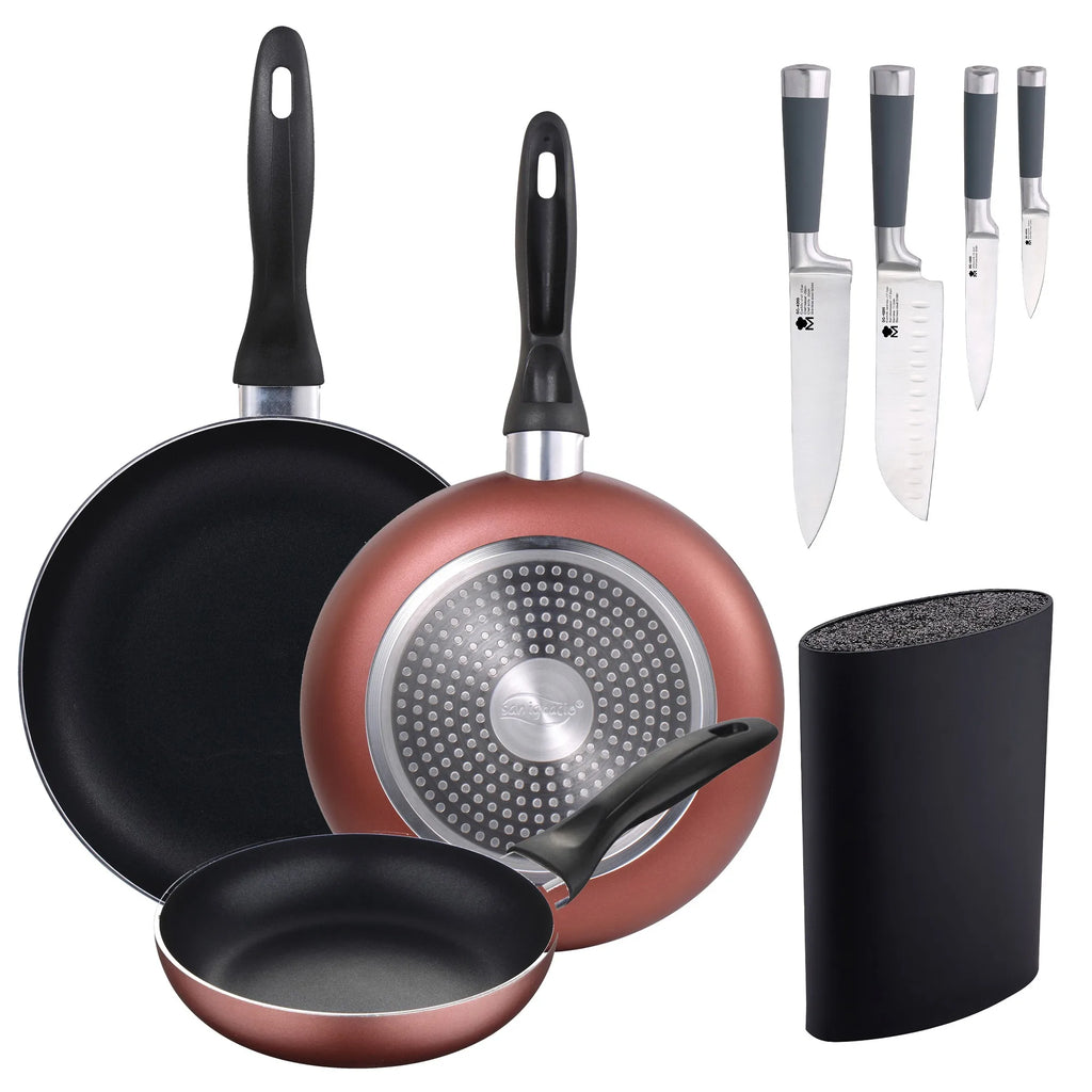 Set of 3 frying pans 16/20/24 cm pressed aluminum suitable for induction + Set of 4 kitchen knives: Chef Santoku Paring
