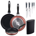 Set of 3 frying pans 16/20/24 cm pressed aluminum suitable for induction + Set of 4 kitchen knives: Chef Santoku Paring