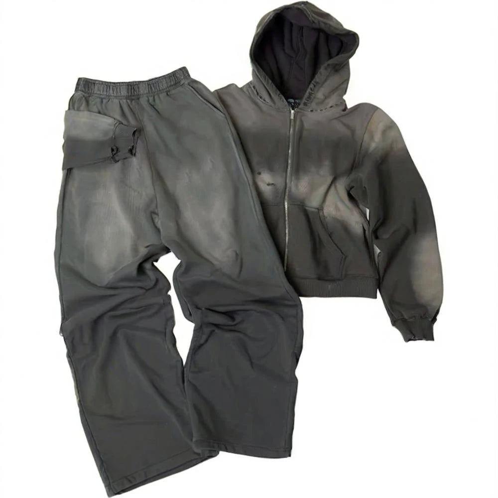 Unisex Distressed Acid-Wash Tracksuit 300gsm Fleece Full-Zip Hooded & Wide-Leg Sweatpants Breathable Dark Gray Grunge Streetwear