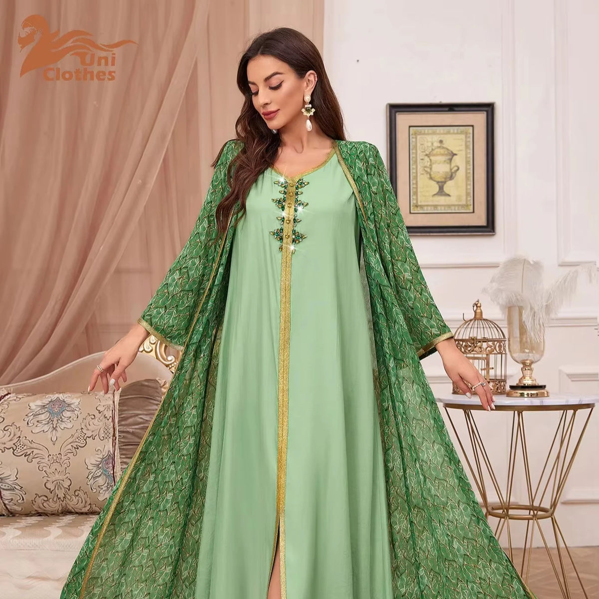 Islamic Clothing Muslim Women Printed Two Piece Set Long Sleeve Dress Vest Applique Robe Exquisite Dress Clothing Manufacturer MegaBDM