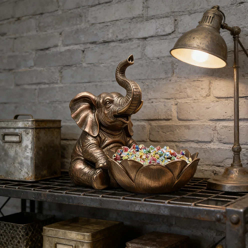 Antique Elephant with Lotus Bowl Candy Holder Rustic Home Decor for Candy Display Handcrafted Resin Figurine for Entryway MegaBDM