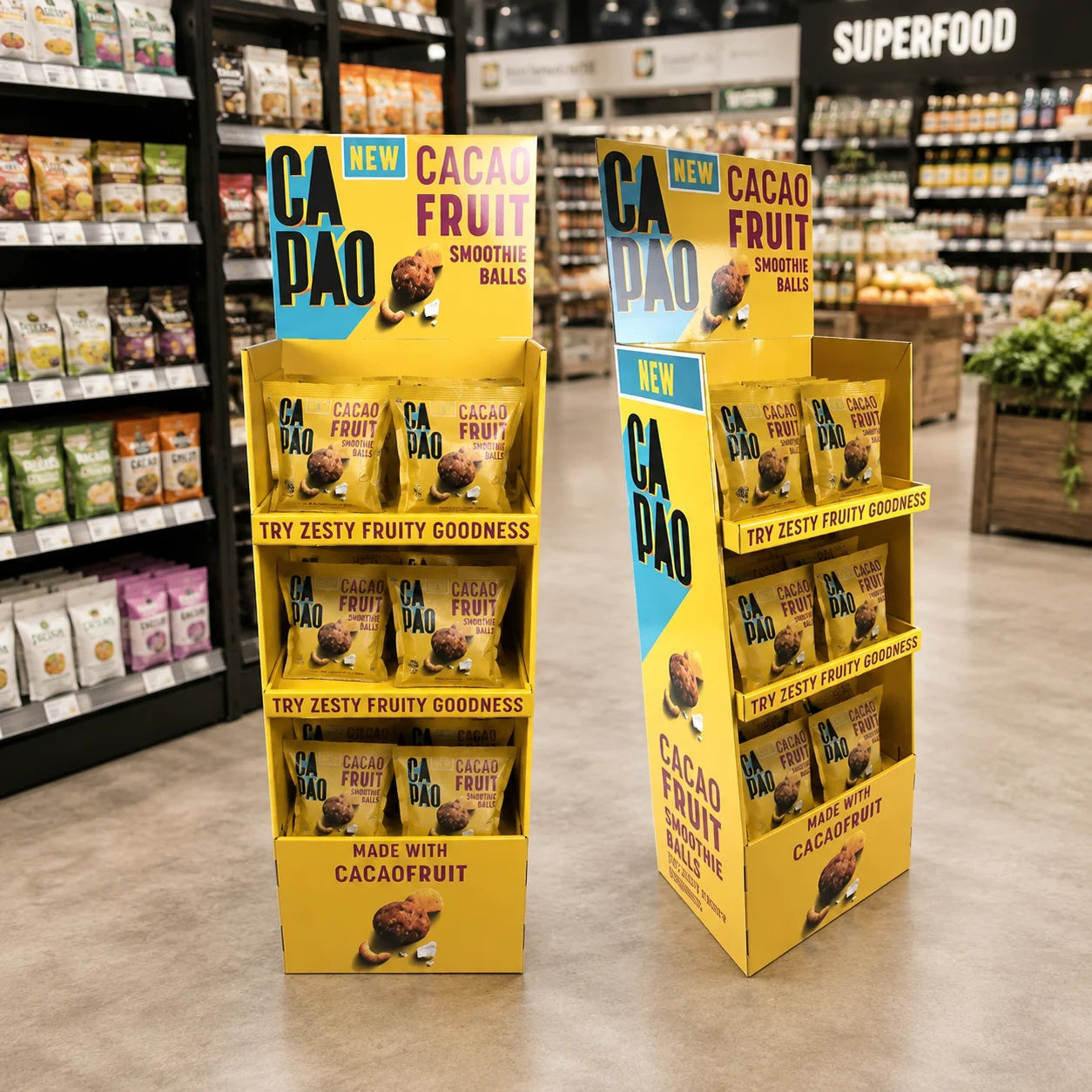 Custom Cardboard Floor Standing Display Unit FSDU for Fruit Smoothie Balls Healthy Snack Supermarket Promotion Display Stand