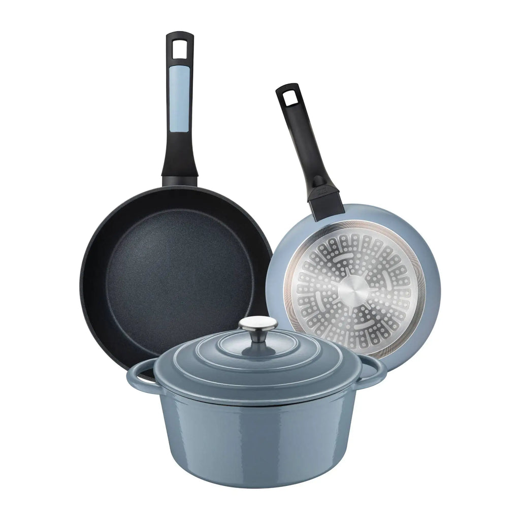 Set of 2 frying pans 20/26cm pressed aluminum + saucepan with lid 25.5x12cm (5L) in cast iron blue NOIA San Ignacio