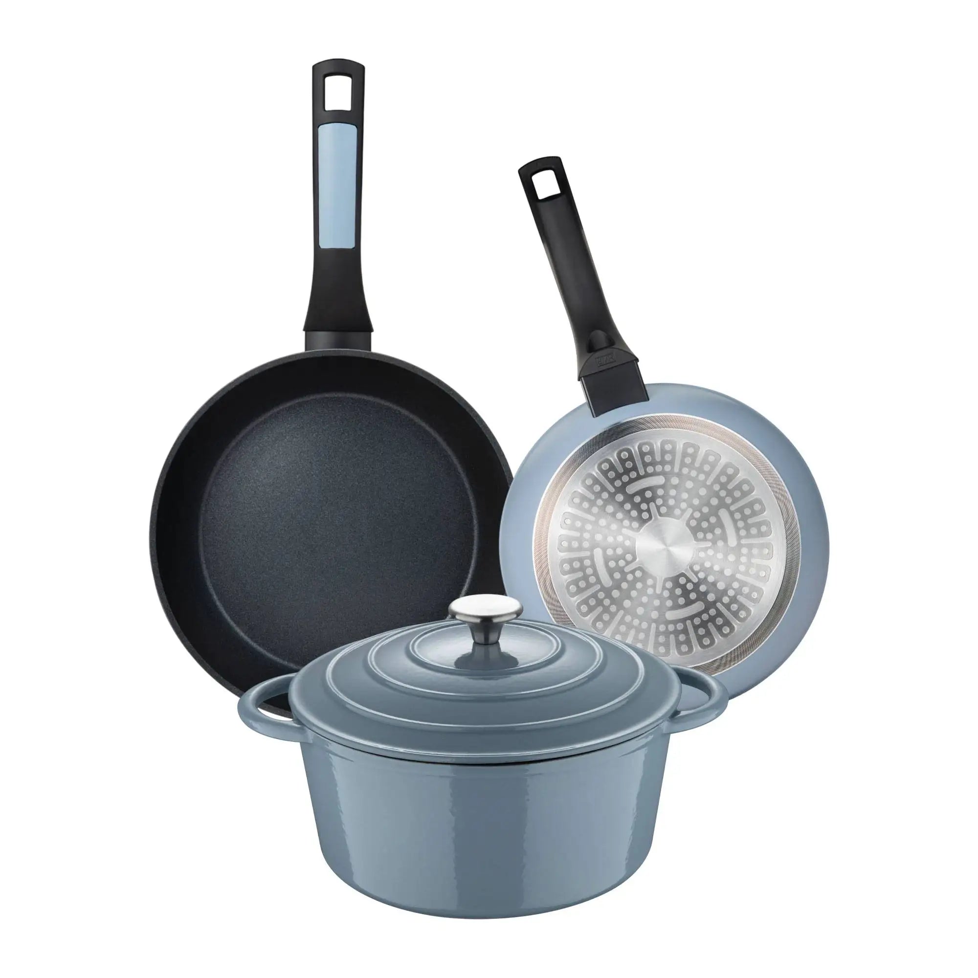Set of 2 frying pans 20/26cm pressed aluminum + saucepan with lid 25.5x12cm (5L) in cast iron blue NOIA San Ignacio