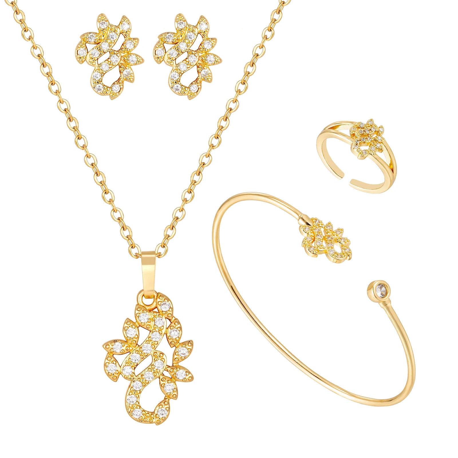 Women's Exquisite Zircon Jewelry Set 24K Gold-Plated Brass Fashion Necklace Earrings Ring Bracelet Wedding Party Gifts