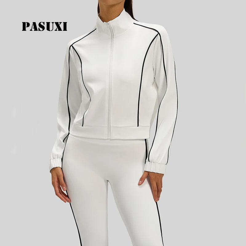 PASUXI Women's Contrast Color Four-Way Stretch High Elasticity Full Zip Yoga Jacket Breathable Quick Dry Activewear