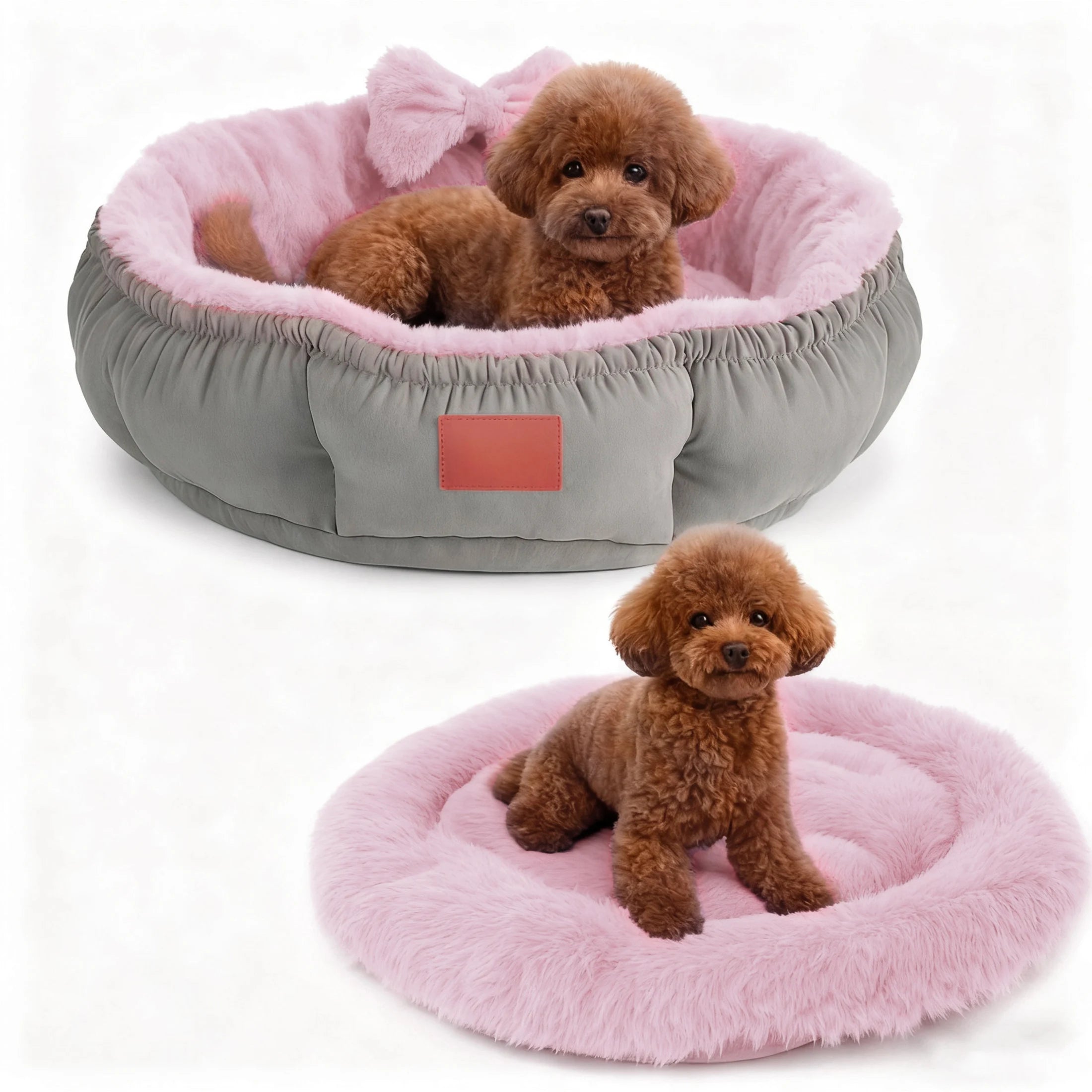 Cat Dog Bed Set Round Faux Leather Solid Soft Plush Interior Heating Non-Removable Nest Mat All Seasons Bedroom Use