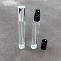 Wholesale 100pcs 10ml Refillable Clear Slim Tall Thick Bottom Crimp Screw Glass Bodyworks Perfume Bottle with Decal Pump Sprayer