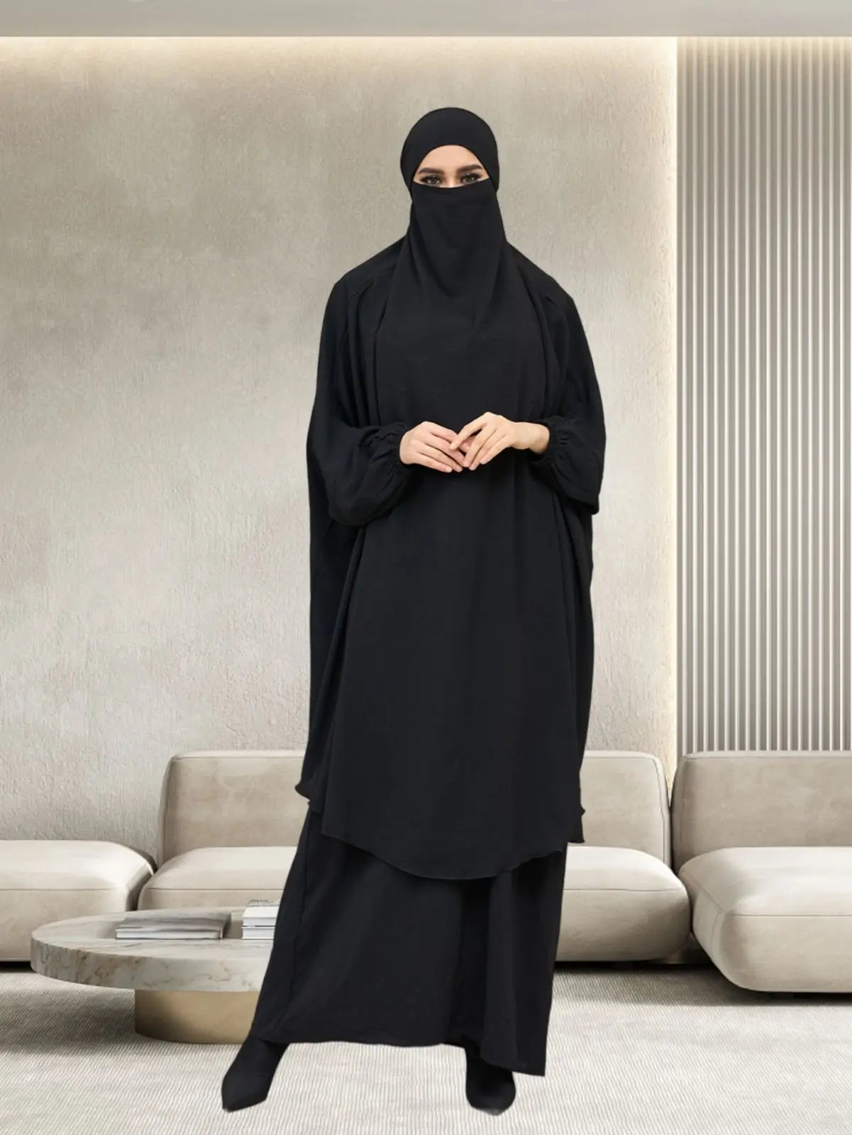 Ramadan Jilbab 2 Piece Set Muslim Women Hijab Dress Prayer Garment Abaya Long Khimar Arab Gown