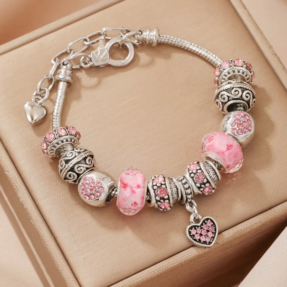Hot-Selling DIY Heart Bead Bracelet for Women Pink Large-Hole Beads Handmade Charm Bracelet Jewelry Wholesale