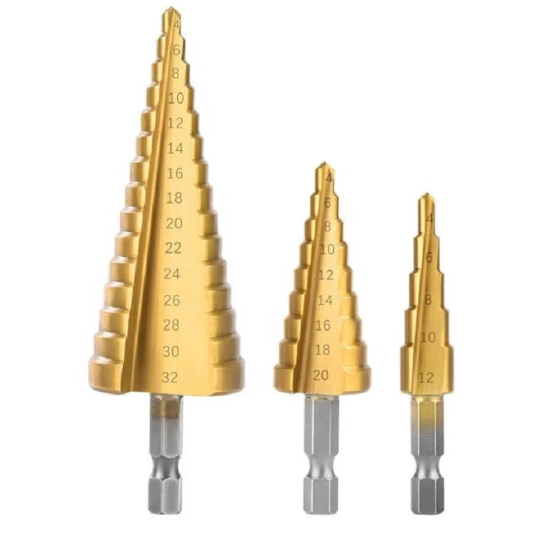 3Pcs High Quality HSS Straight Shank Step Countersink Drill Bits Set DIN 338 Standard Metal Drilling 4-12/4-20/4-32mm Hex