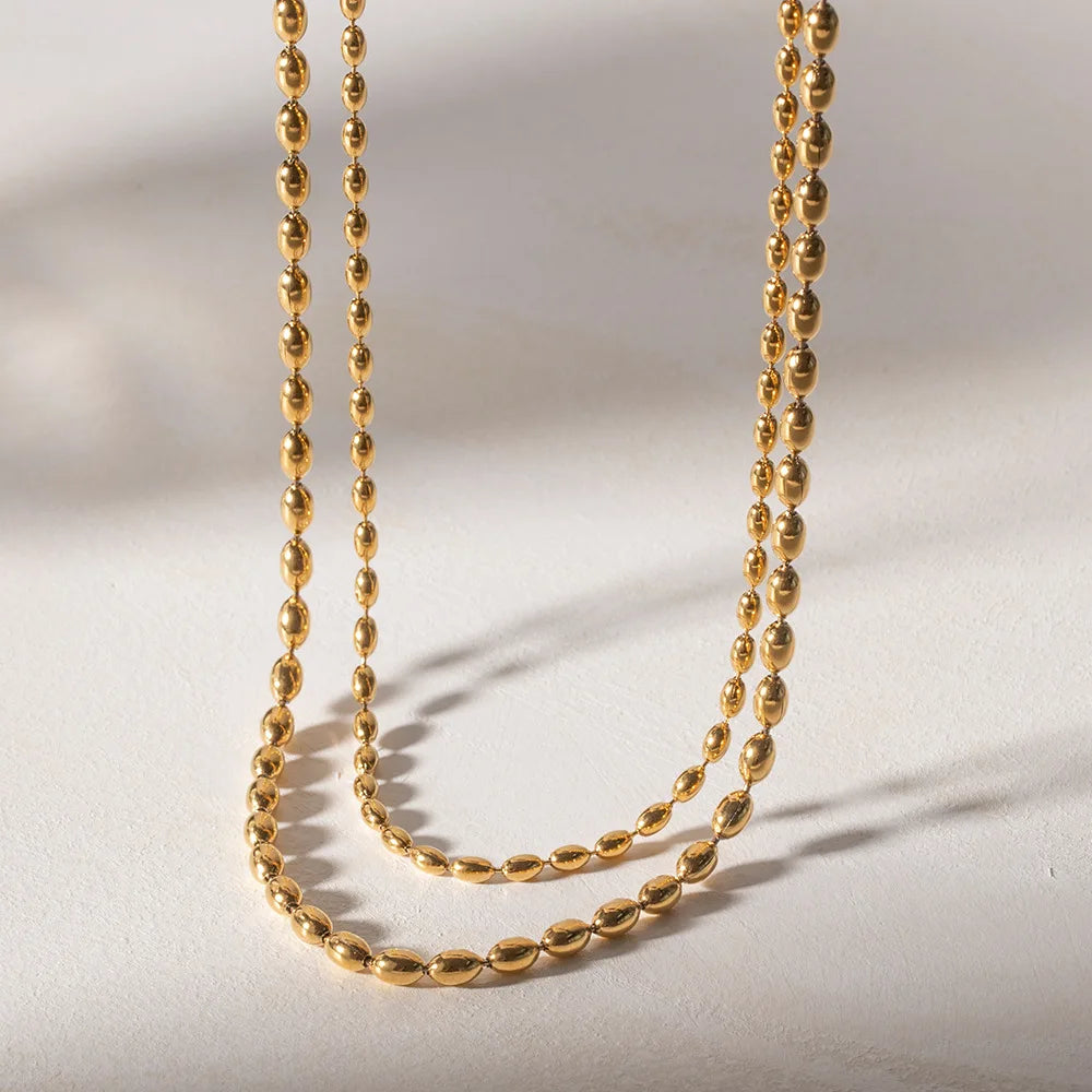 Stainless Steel Double Layered Oval Beaded Necklace Minimalist Beaded Chain Dainty Layered Necklace for Women Waterproof Jewelry