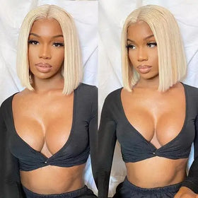 613 Blonde Color Straight Short Bob Wig 5*6 Pre-cut Lace Closure Wigs Can Be Dyed 180% Density