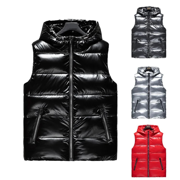 Custom Men's Winter Outdoor Sleeveless  Shiny PU Leather Bubble Gilet Clothing Hoodie Puffer Vest for Men