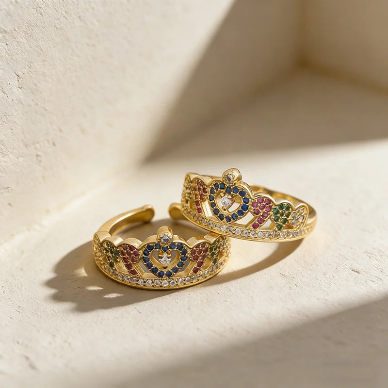 QIKU Crown Shape Colorful Rhinestone Rings Women Copper Zircon Gold Color Wedding Party Trendy Jewelry Accessories Gift