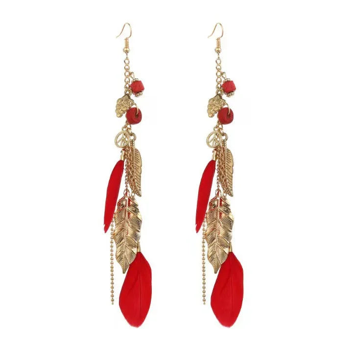 Fenyi Wholesale Alloy Jewelry Bohemian Leaf Feather Retro Ethnic Style High-end Temperament Long Chain Earrings for Women