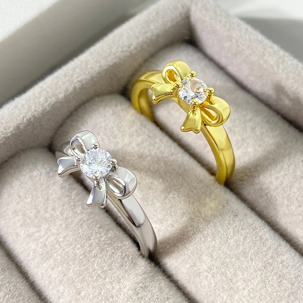 For Foxi Fashion Jewelry Cute Bow Knot Ribbon Zircon Gemstone Rings for Girls Brass Material with Rhodium Plating Ready to Ship
