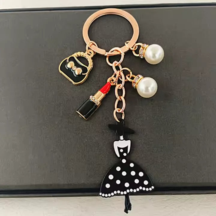 Luxury Lipstick Rhinestone Keychain Crystal Keyring Fashion Pearl Skirt Girly Mini Bag Key Chain Women Car Handbags Charms Gift
