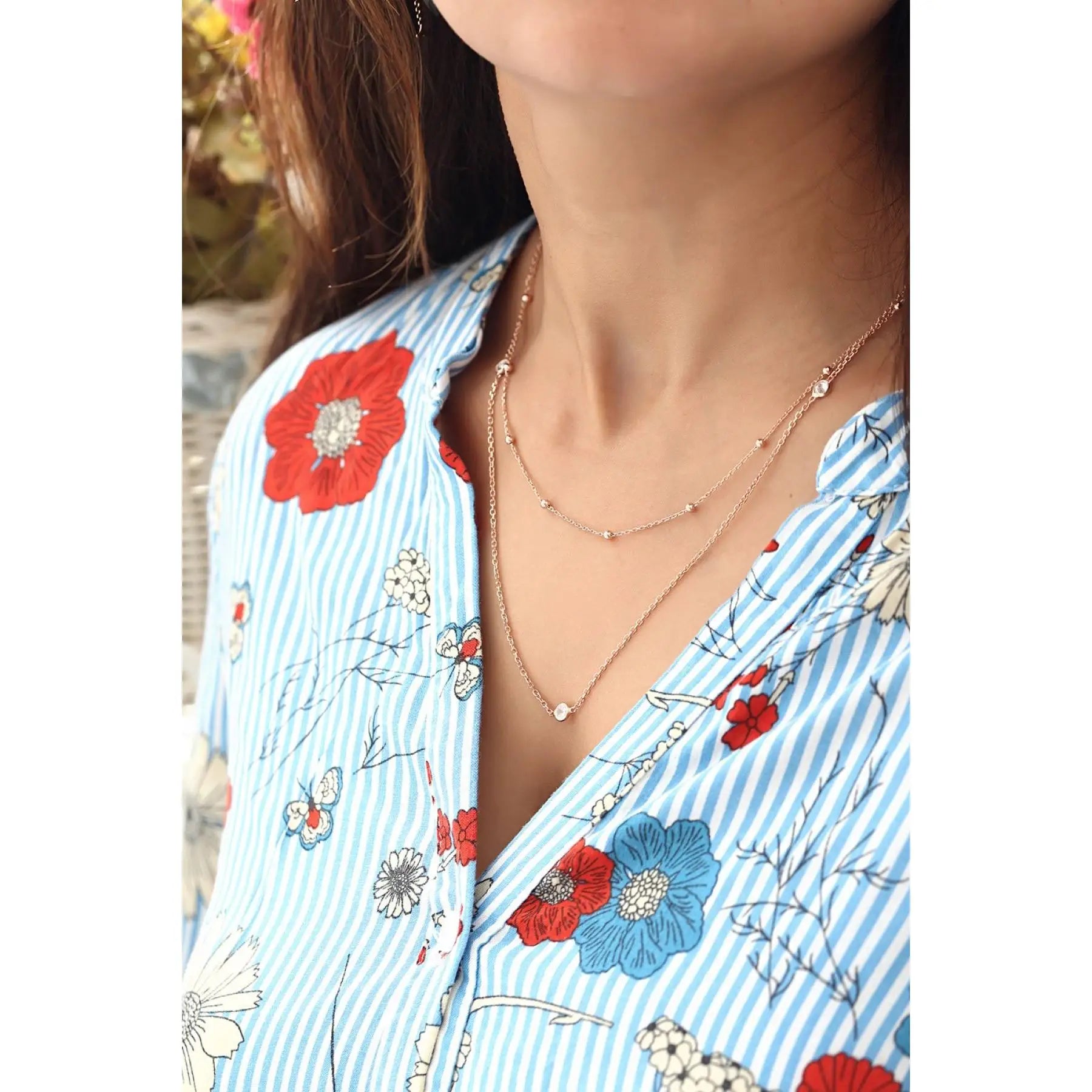 925 Sterling Silver Fine Double Chain Necklace 55 cm Length with Dainty Balls and Stones Turkey