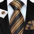 Men's Classic Fashion 8cm Striped Gold Black Necktie & Cufflink & Handkerchief Sets for Business Party Fashion Gift for Men