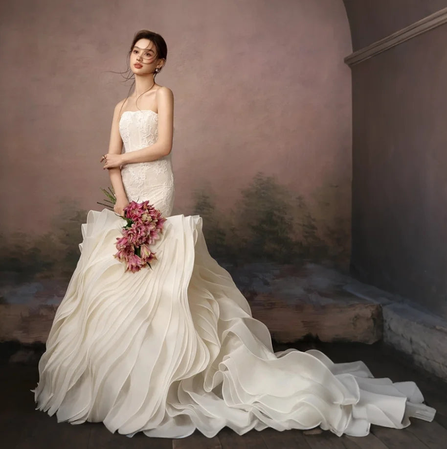 Strapless Mermaid Wedding Dress with Lace Bodice and Ruffled Organza Skirt Dramatic Pleated Train