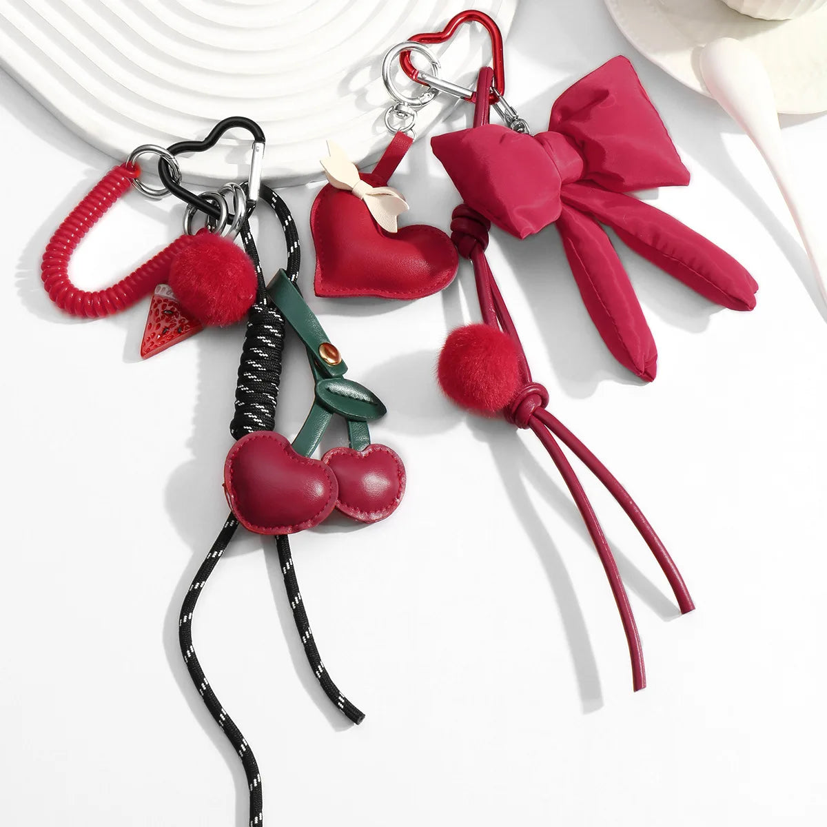 Mengda Popular Sweet and Cool Exquisite Red Plush Ball Leather Heart Shaped Cherry Watermelon Keychain