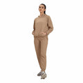 Beige Women's 2pc Matching Set Pullover Hooded Top with Elastic Waist Jogger Pants Lightweight Minimal Fashion Streetwear Outfit