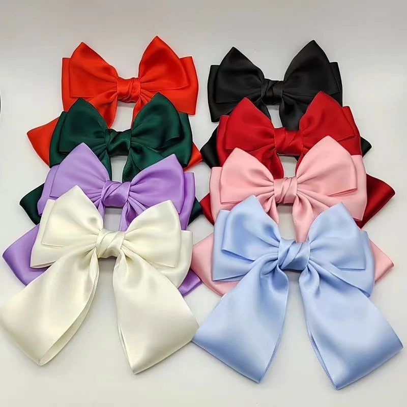 Large Satin Silk Bow Hair Clips Ribbon Bowknot Hair Clips French Style with Long Tail Ponytail Hair Decorations Accessories