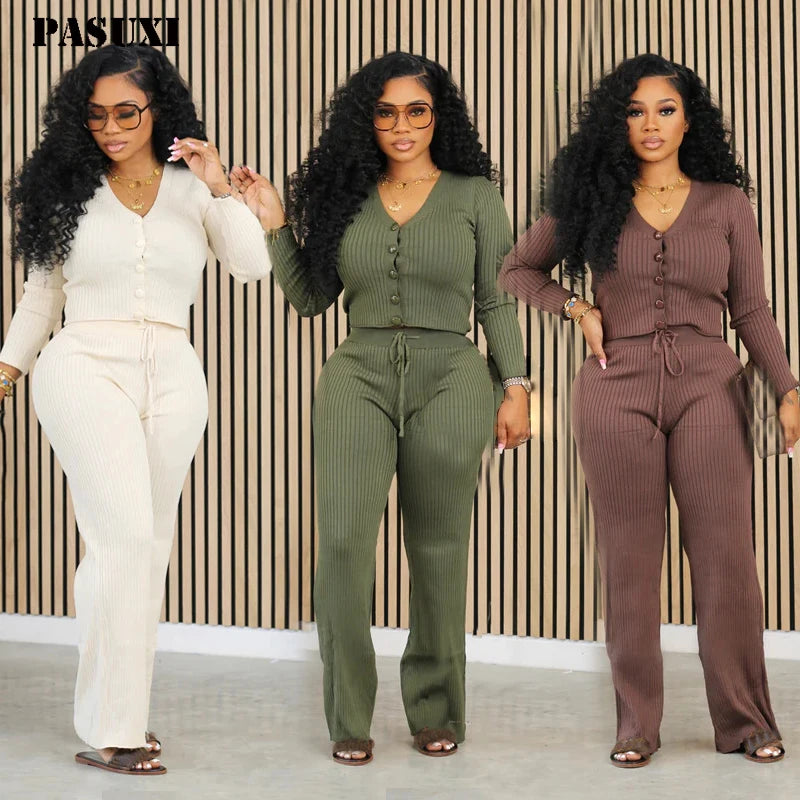 PASUXI Women's Custom Knit Sweater Set High Quality Heavyweight V-Neck Sweatshirt Wide Leg Pants Casual Style Button Decoration