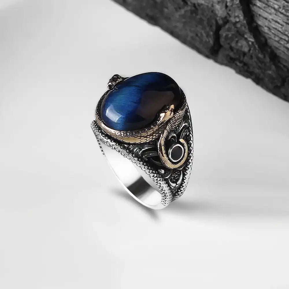 Azuris Turkish 925 Sterling Silver Men's Ring Ottoman Style Naturel Black Stone Handmade Fine Jewelry VALKH1316